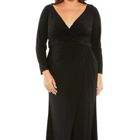 Mac Duggal Black Long Sleeve Faux Wrap V-Neck Jersey Sheath Gown